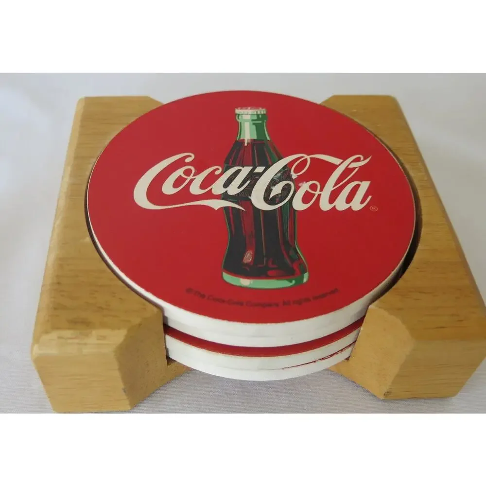 Vintage COCA COLA COKE Coasters in Wood Holder Stone Cork Set of 4 Soda Drinks